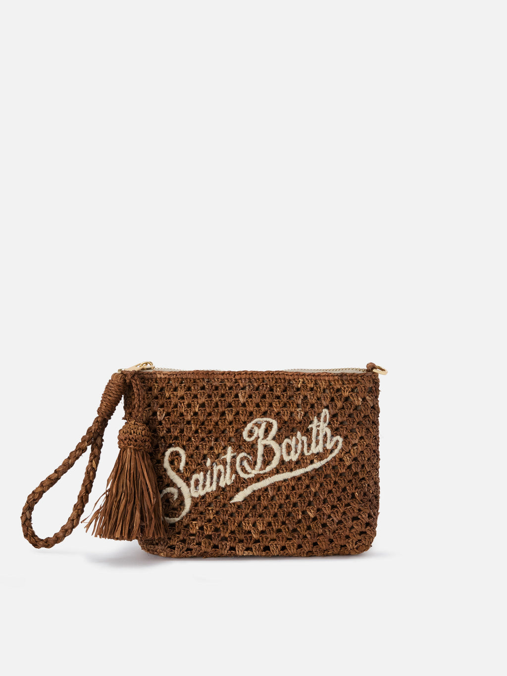 Pouch in rafia intrecciata marrone con logo ricamato