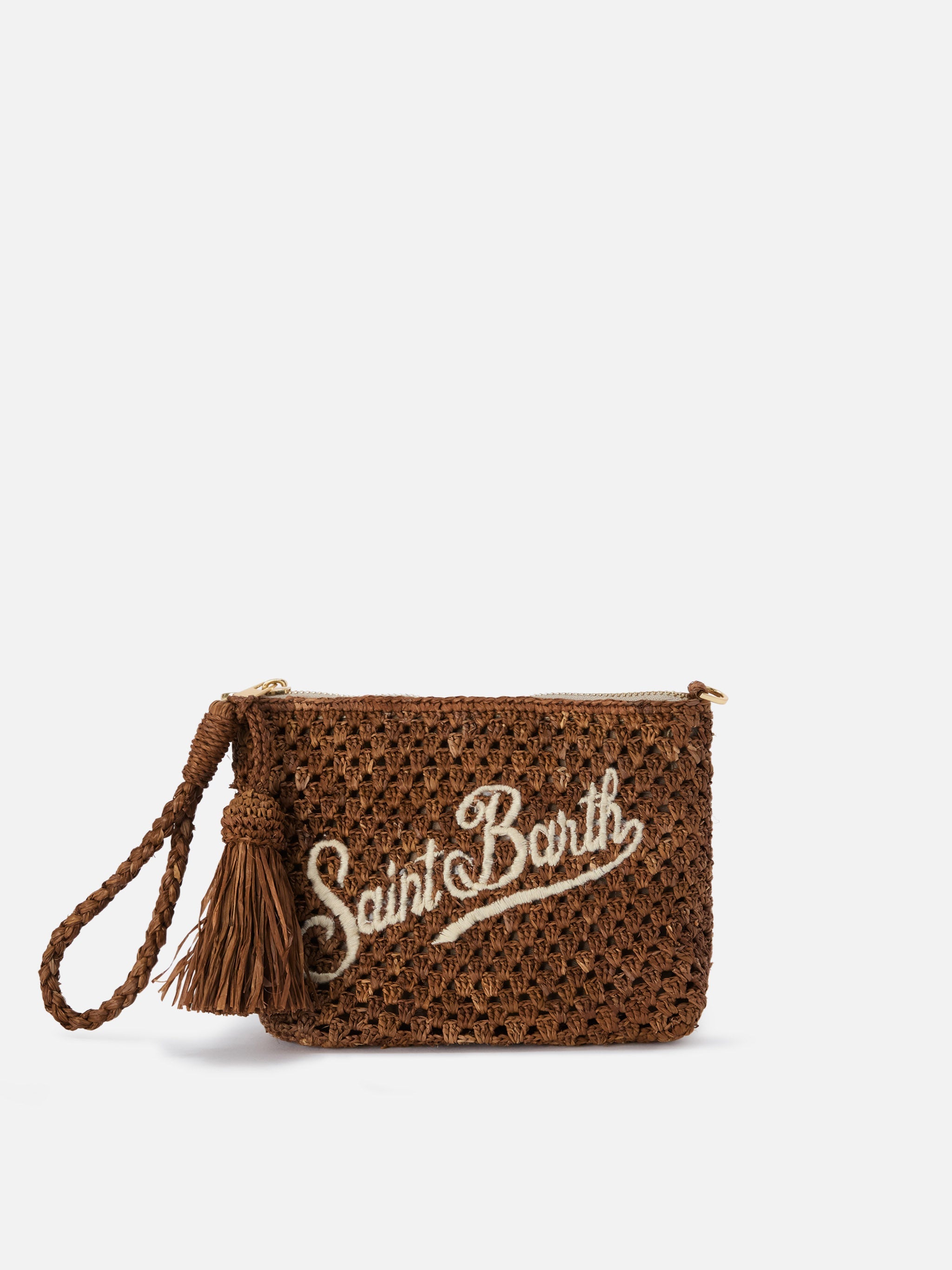 Pouch in rafia intrecciata marrone con logo ricamato