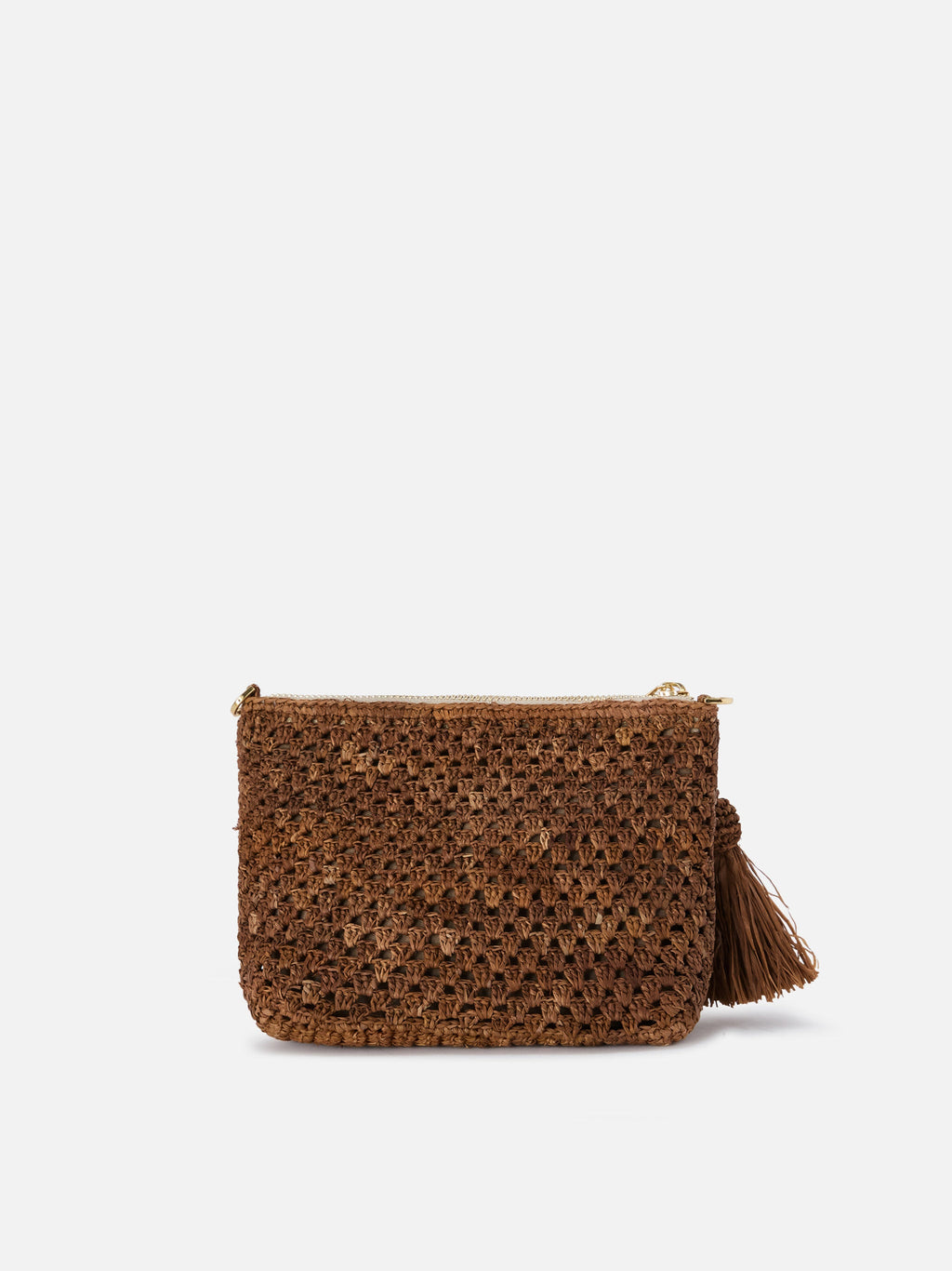 Pouch in rafia intrecciata marrone con logo ricamato