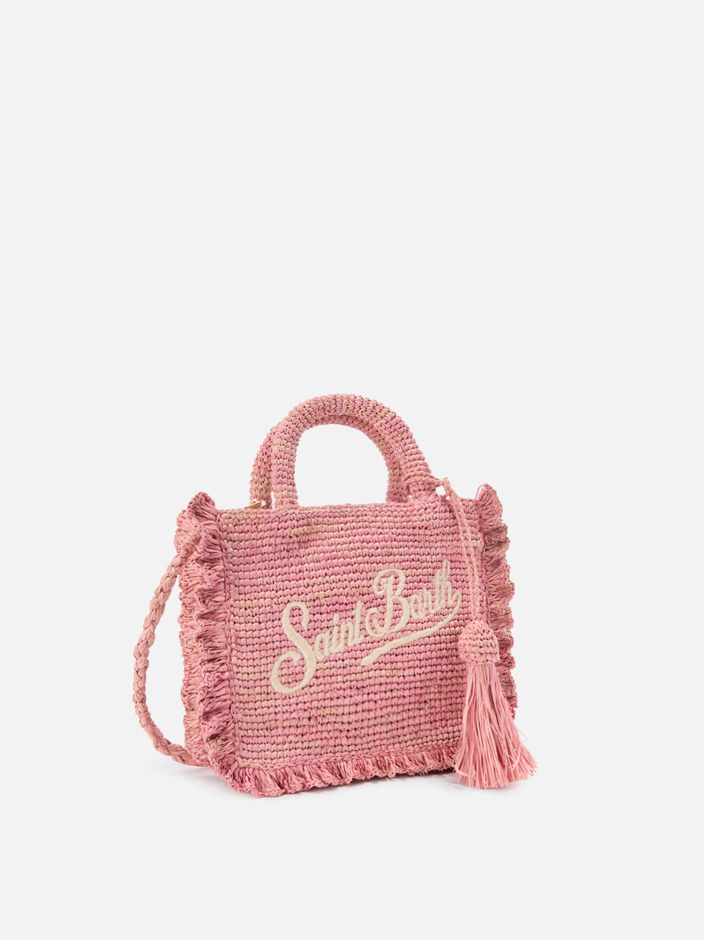 Borsa Volant Mini in raffia rosa con logo ricamato
