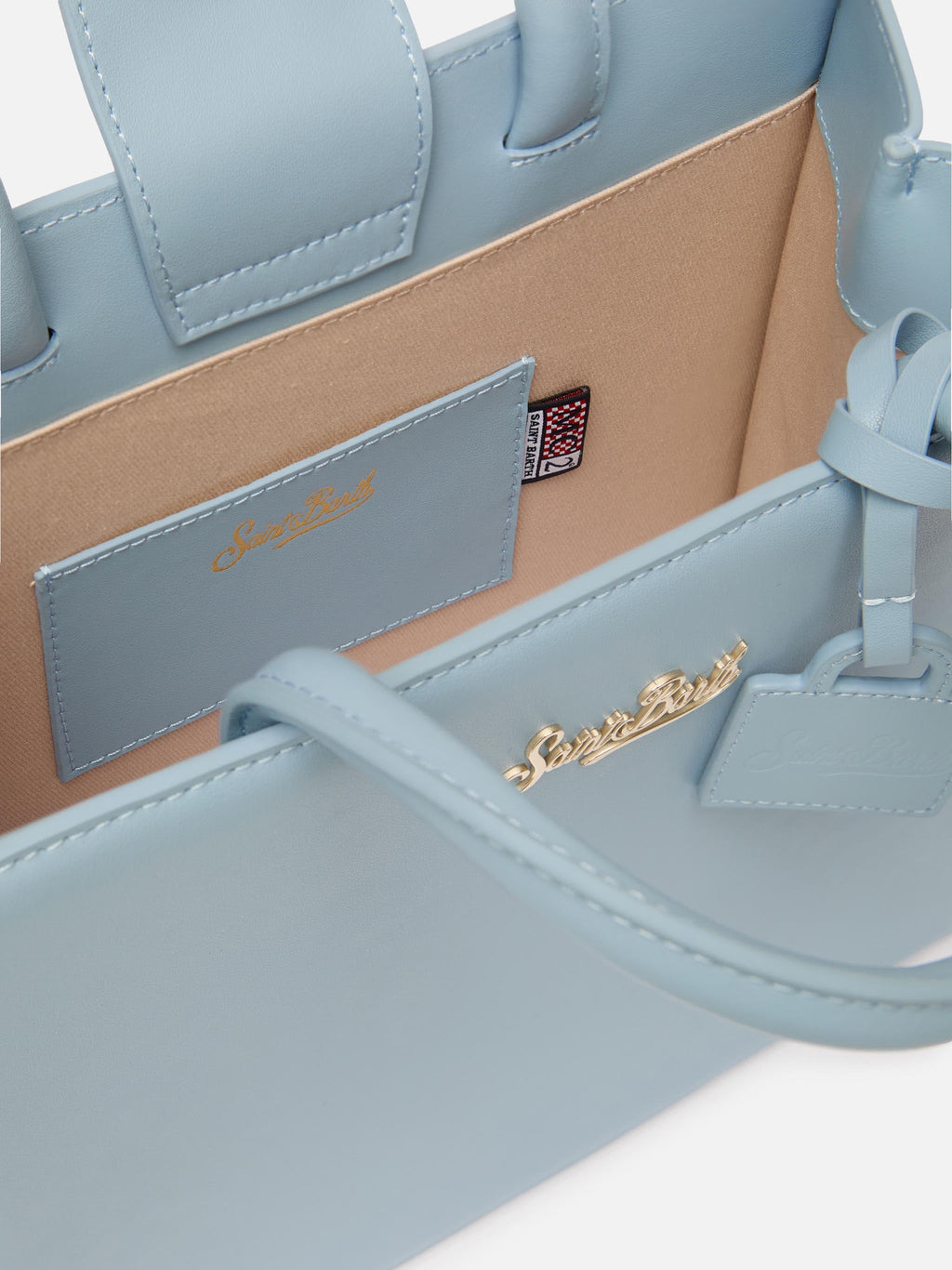 Borsa Shop Midi strutturata in pelle liscia azzurra con targhetta metallica