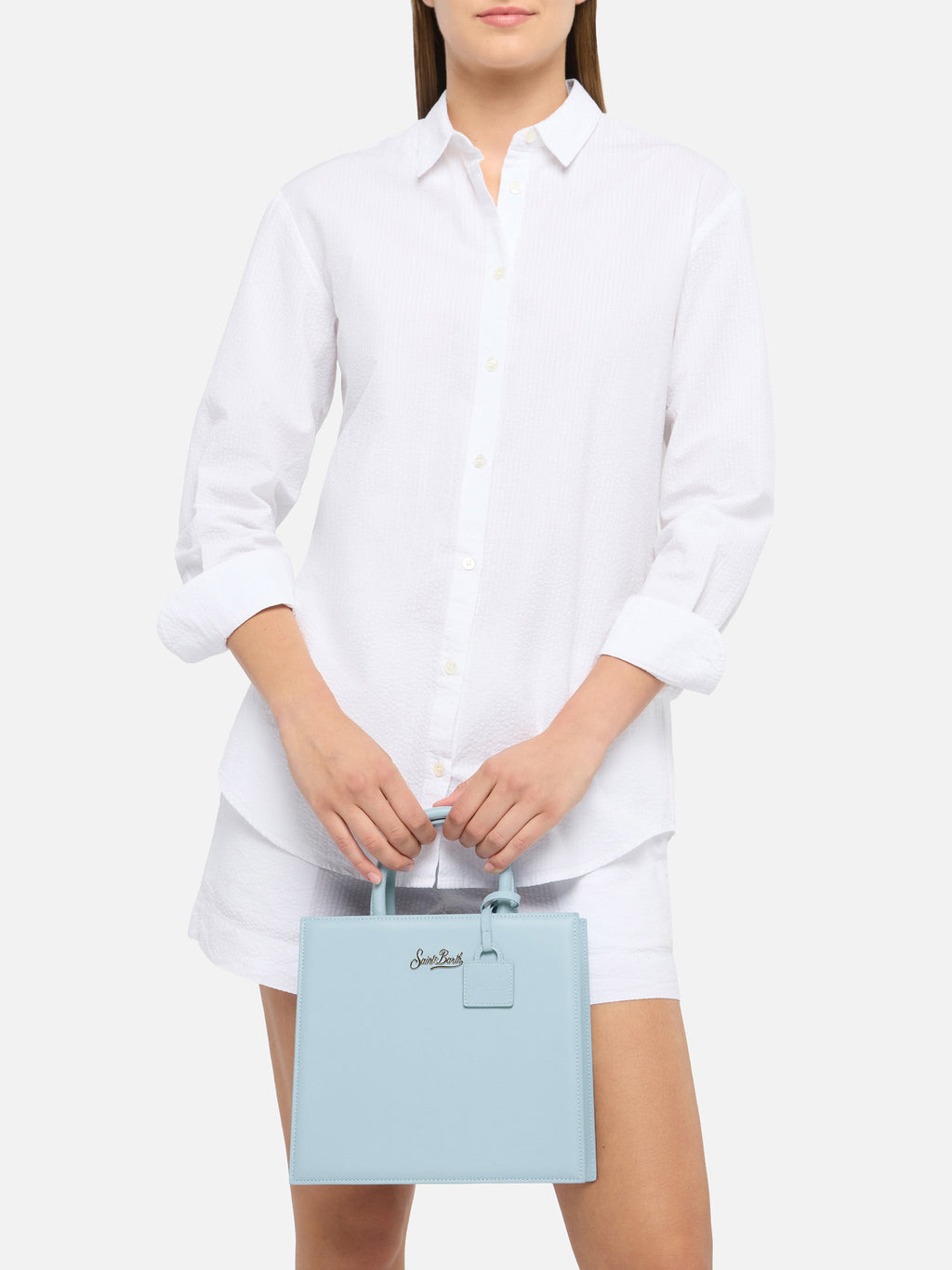 Borsa Shop Midi strutturata in pelle liscia azzurra con targhetta metallica