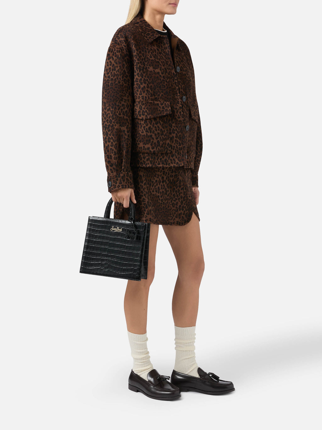 Borsa Shop Bag Midi stampa coccodrillo nera