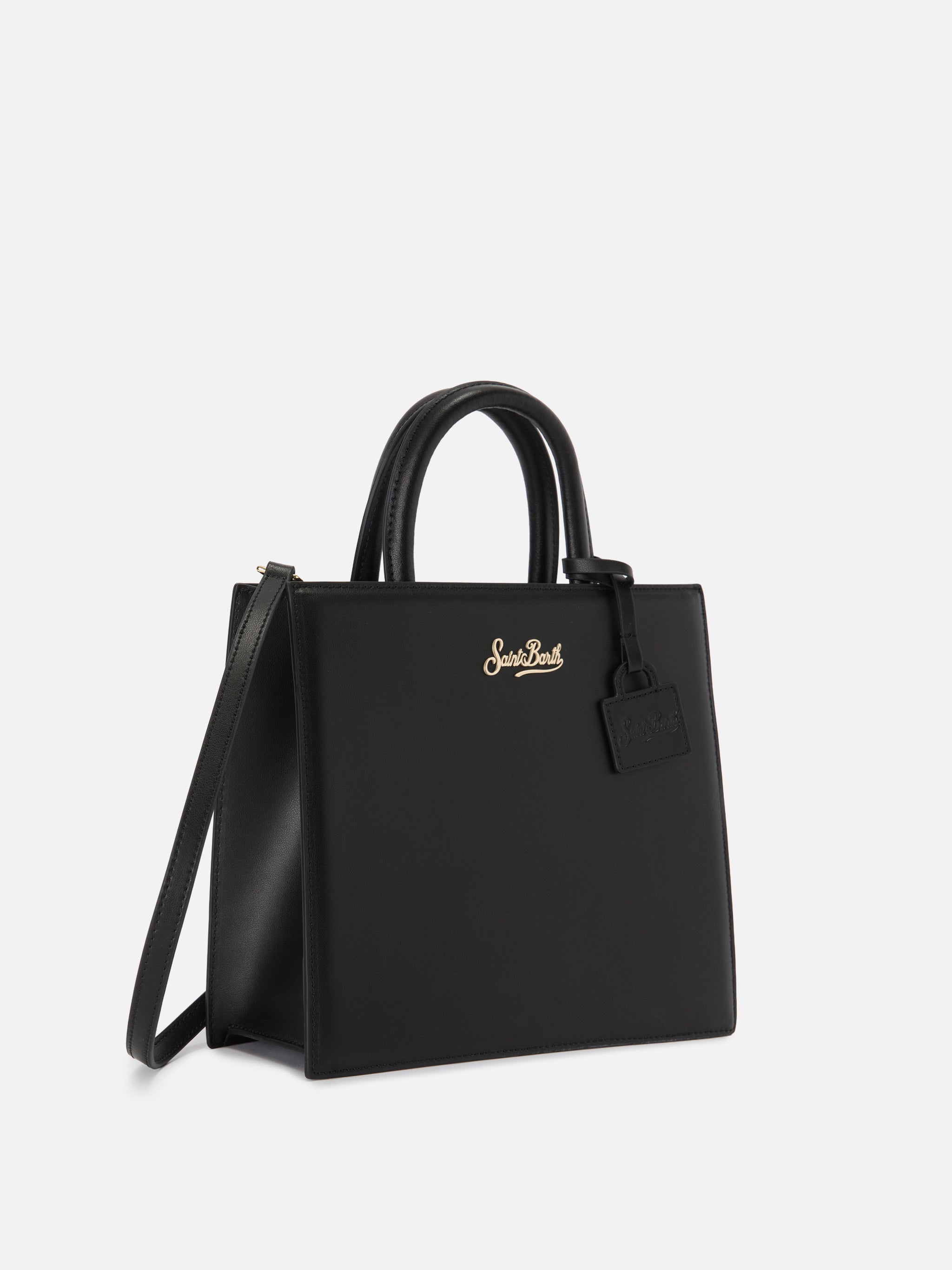 Borsa Shop Midi strutturata in pelle liscia nera con targhetta metallica