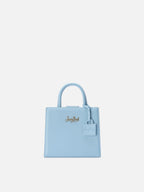 Borsa Shop mini strutturata in pelle liscia azzurra con targhetta metallica
