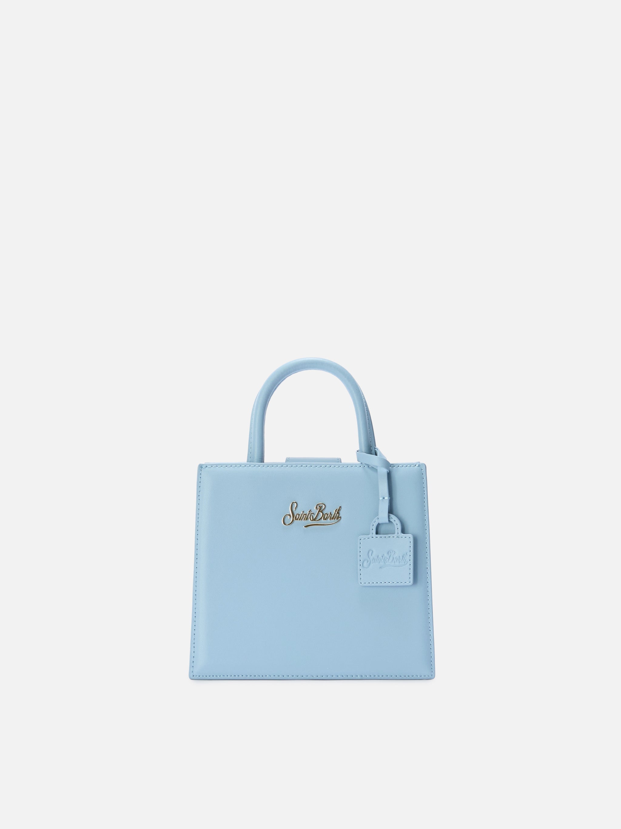 Borsa Shop mini strutturata in pelle liscia azzurra con targhetta metallica