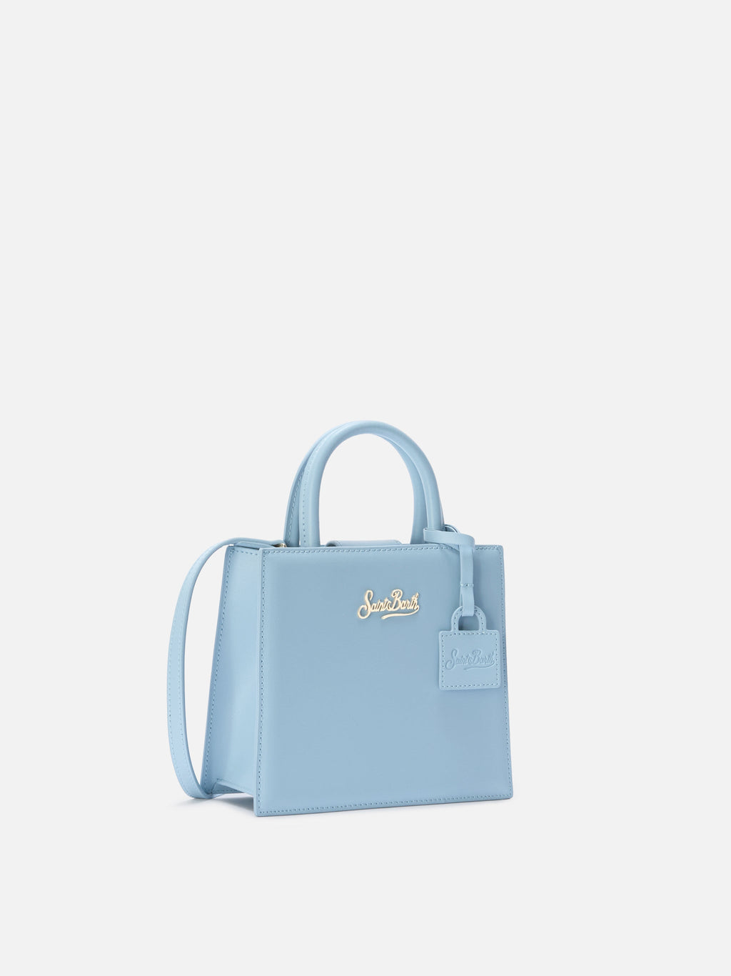 Borsa Shop mini strutturata in pelle liscia azzurra con targhetta metallica