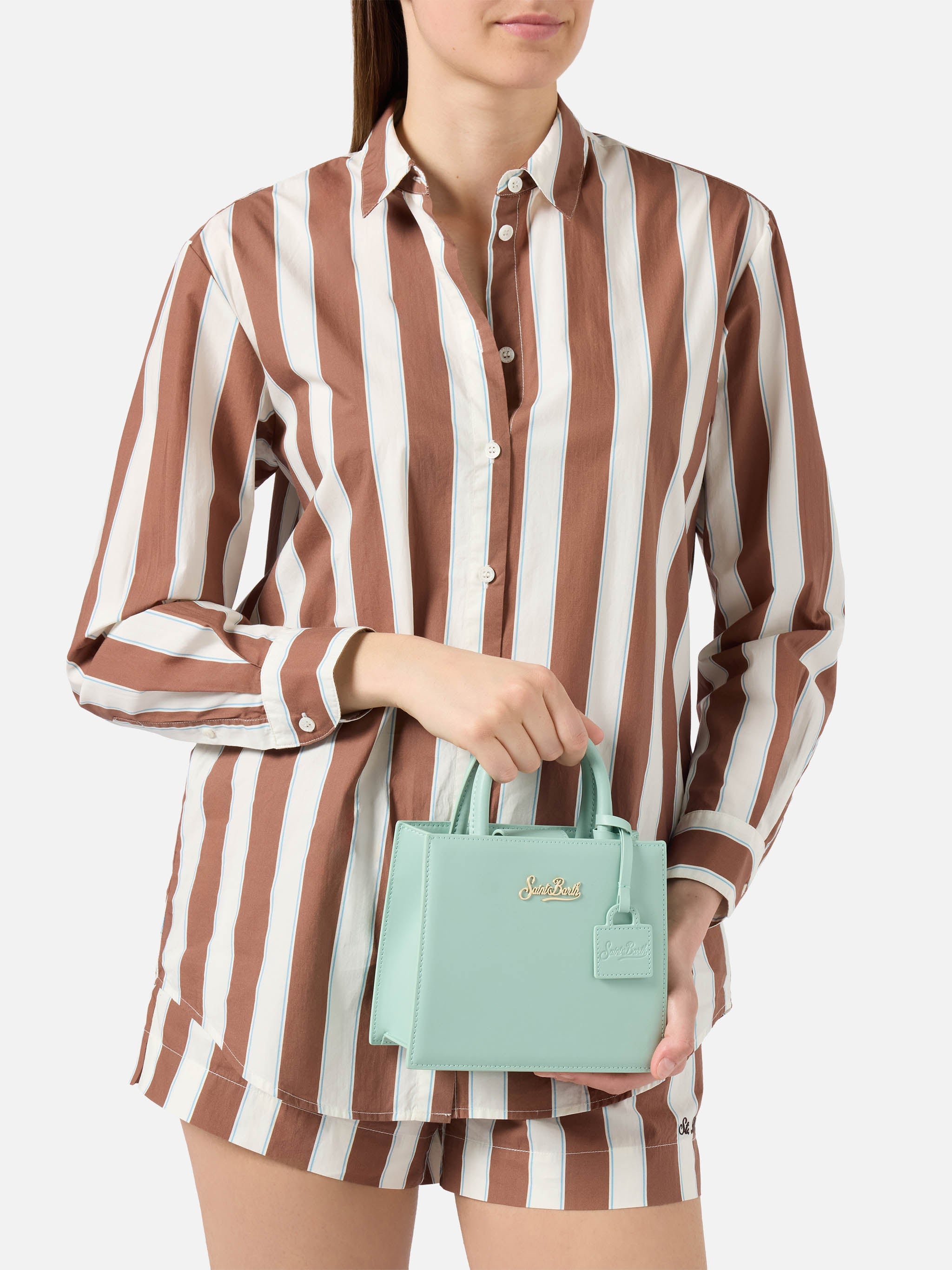 Borsa Shop mini strutturata in pelle liscia verde menta con targhetta metallica