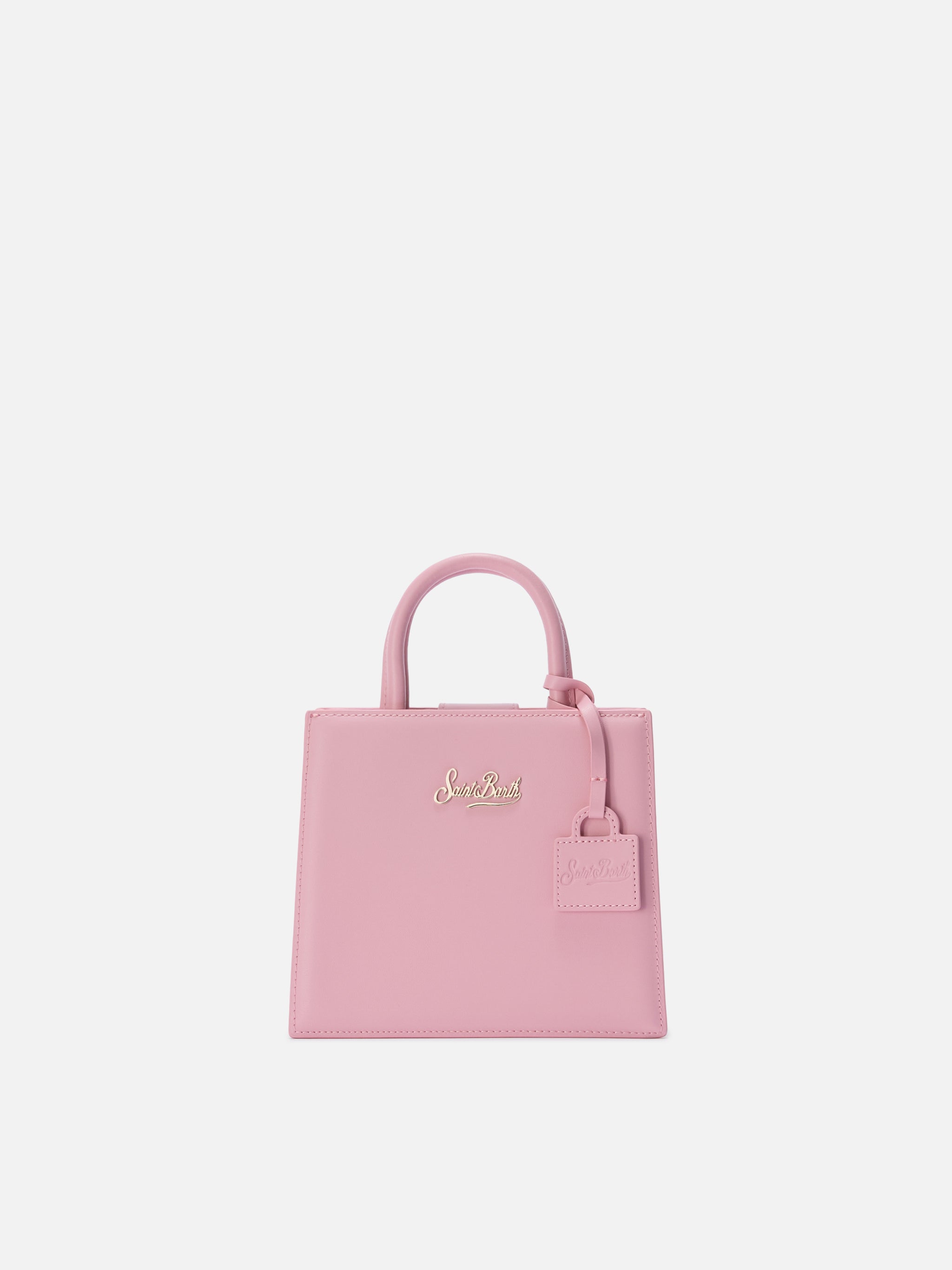 Borsa Shop mini strutturata in pelle liscia rosa con targhetta metallica