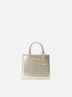 Borsa Shop Mini strutturata in pelle laminata oro con targhetta metallica