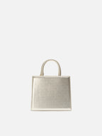 Borsa Shop Mini strutturata in pelle laminata oro con targhetta metallica