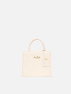 Borsa Shop mini strutturata in pelle liscia bianca con targhetta metallica
