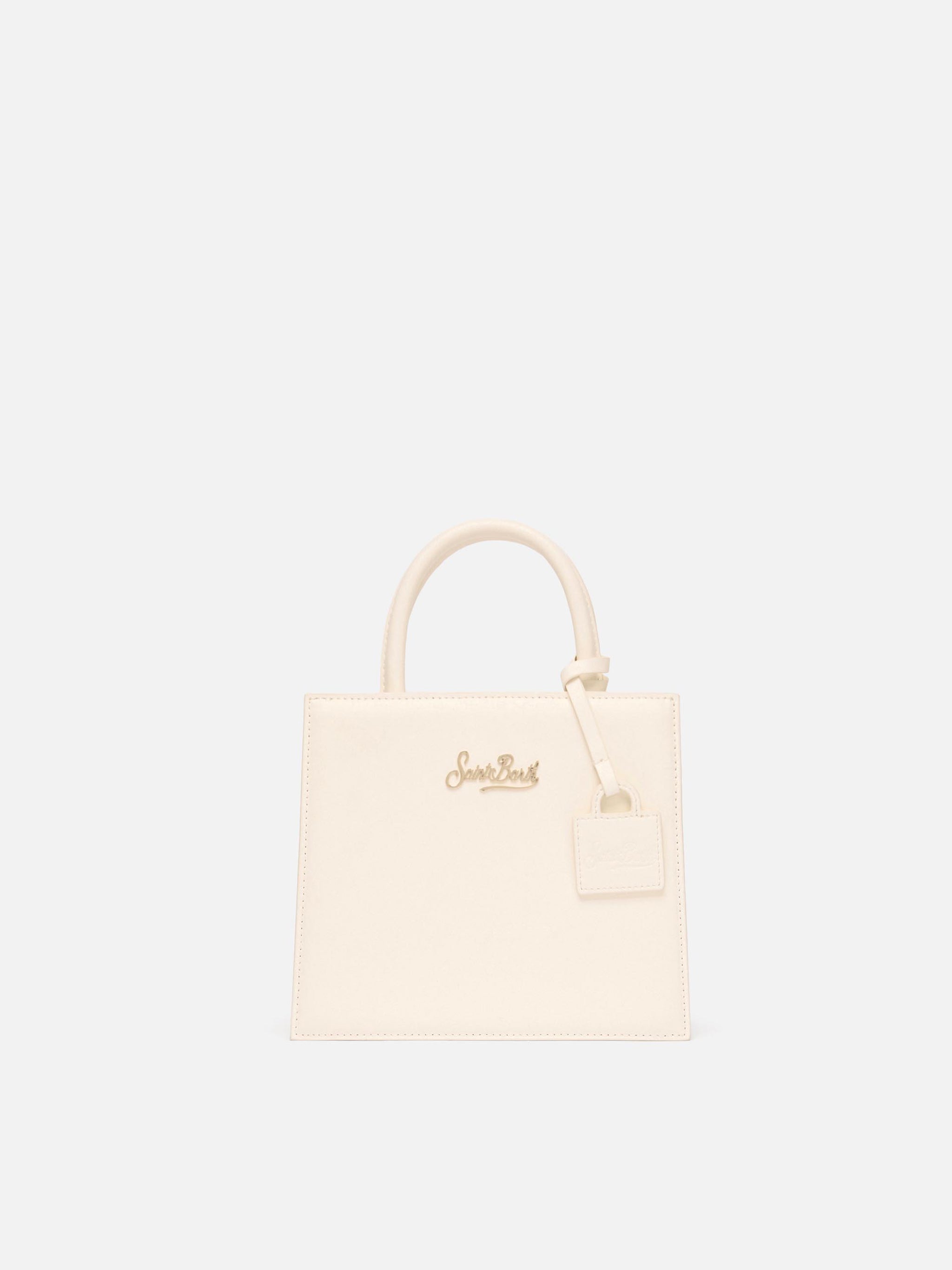 Borsa Shop mini strutturata in pelle liscia bianca con targhetta metallica