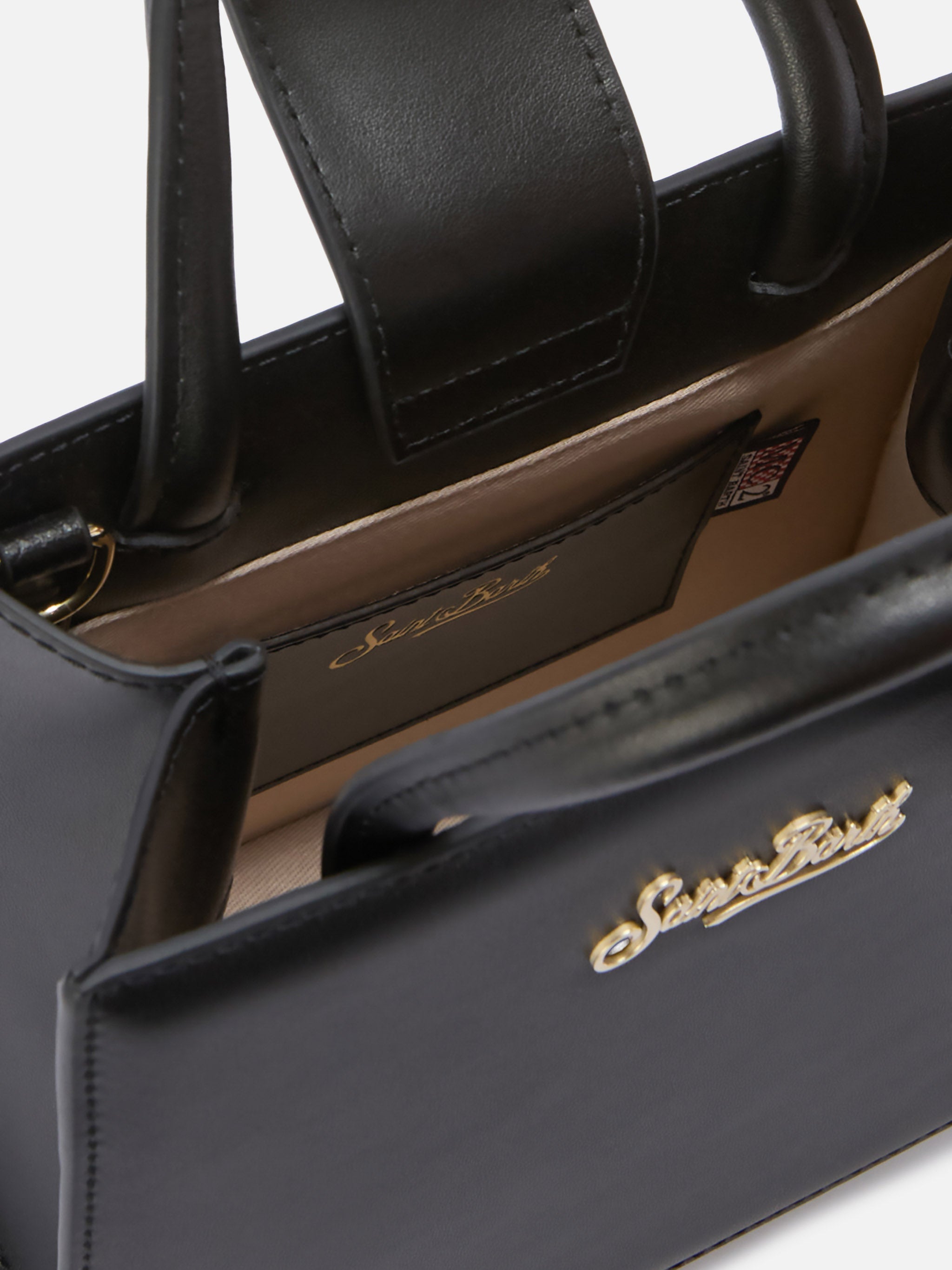 Borsa Shop mini strutturata in pelle liscia nera con targhetta metallica