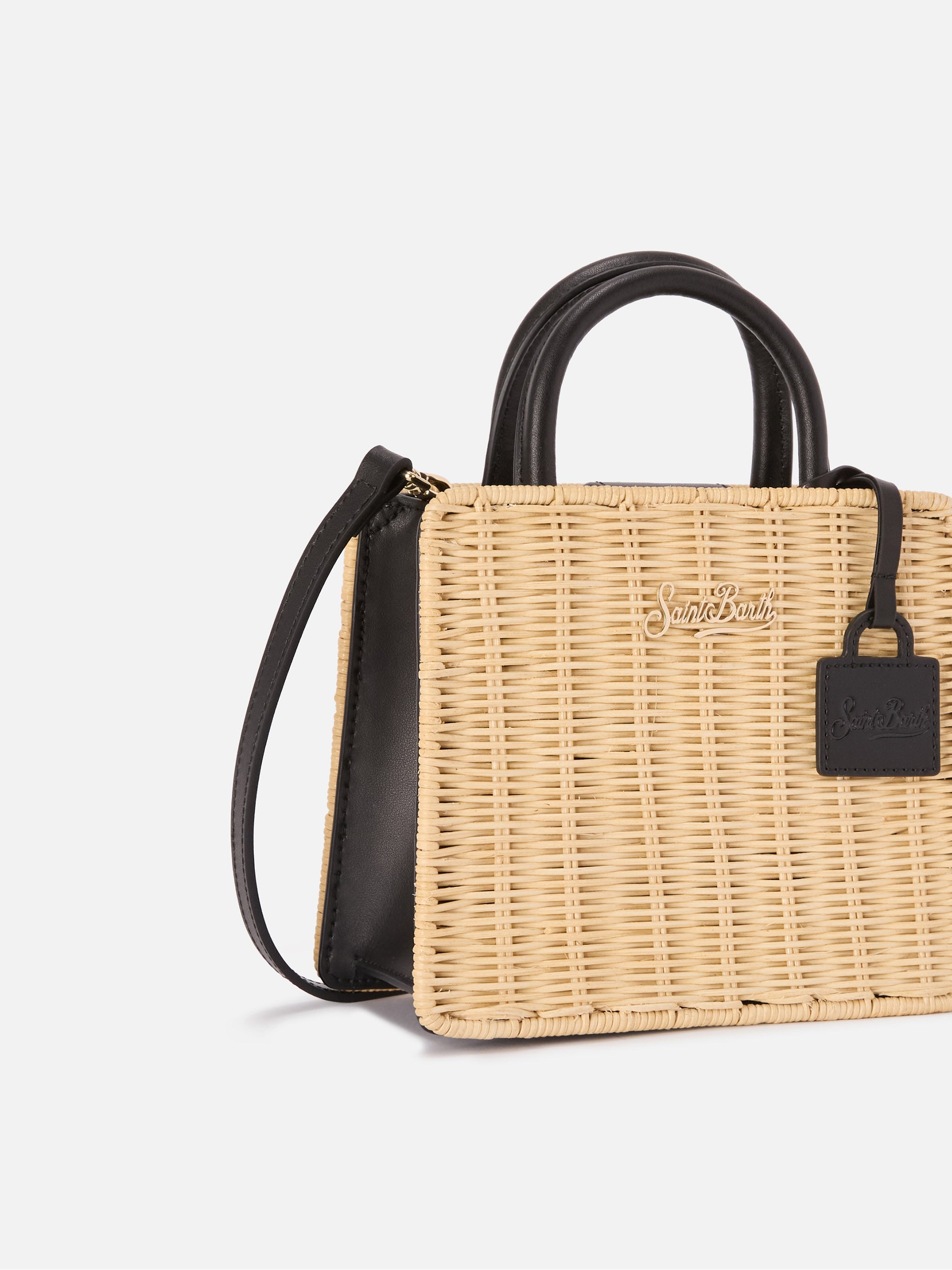Borsa Shop Mini strutturata in midollino con dettagli in pelle nera
