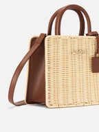 Borsa Shop Mini strutturata in midollino con dettagli in pelle marrone
