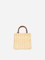 Borsa Shop Mini strutturata in midollino con dettagli in pelle marrone