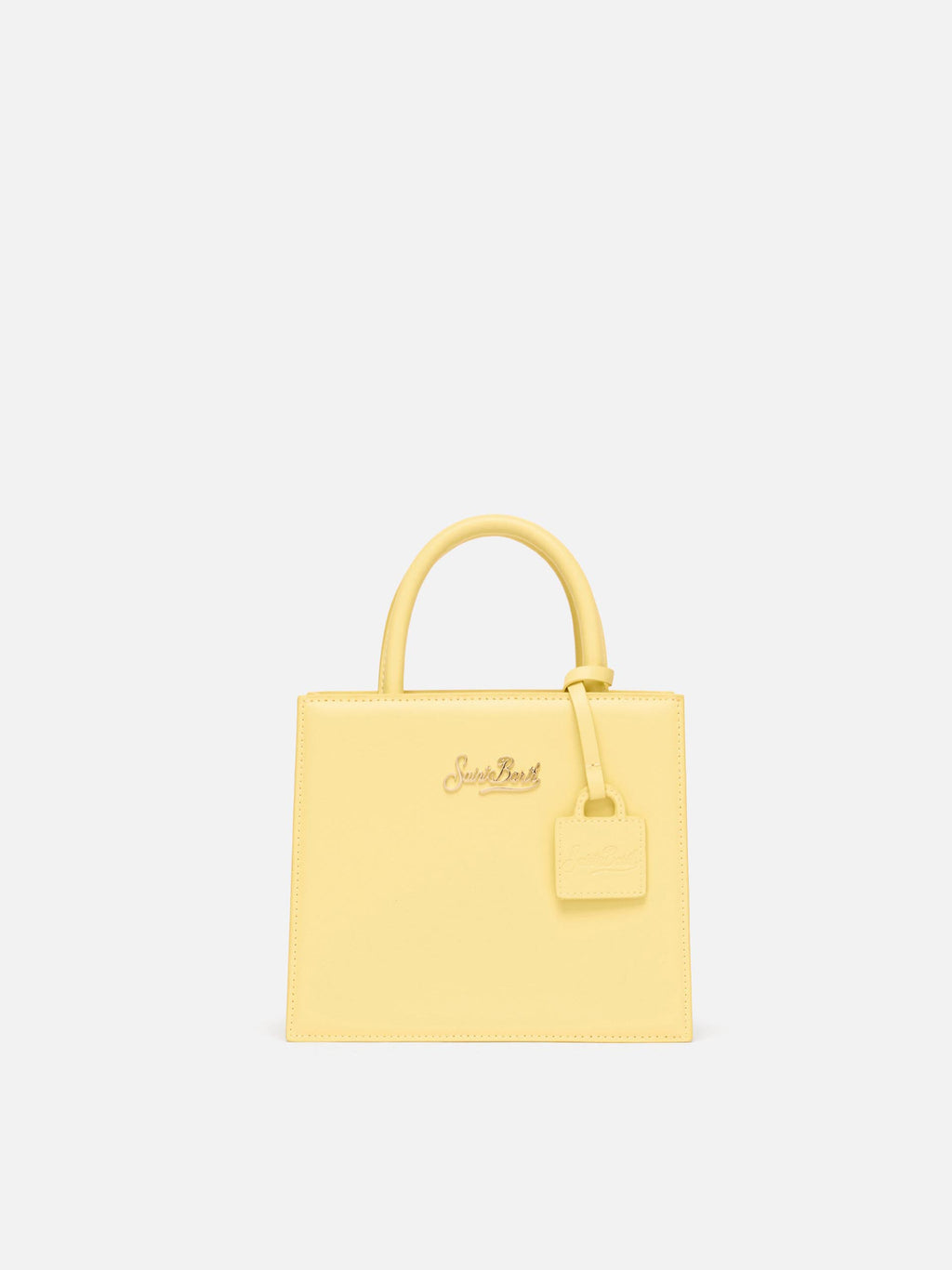 Borsa Shop mini strutturata in pelle liscia giallo tenue con targhetta metallica