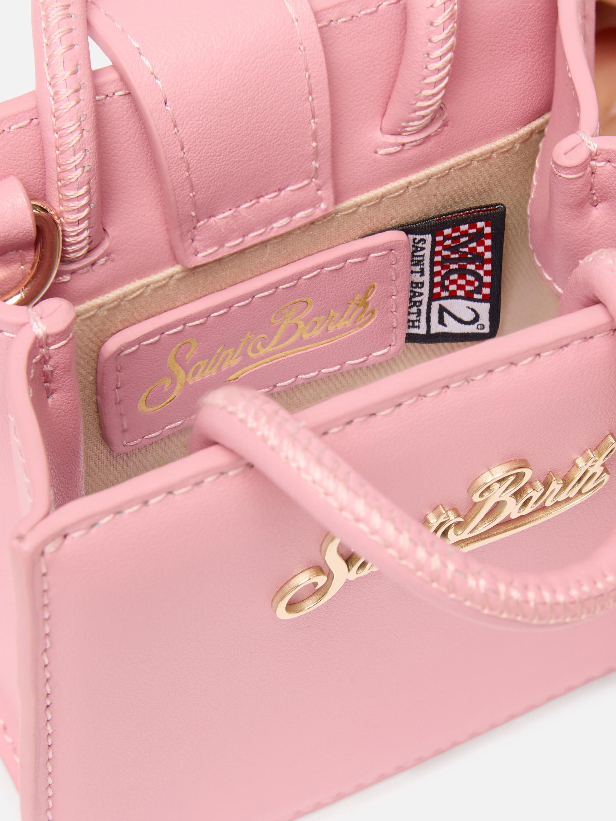 Borsa Shop micro strutturata in pelle liscia rosa con targhetta metallica