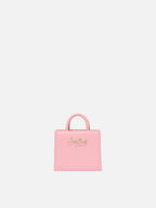 Borsa Shop micro strutturata in pelle liscia rosa con targhetta metallica