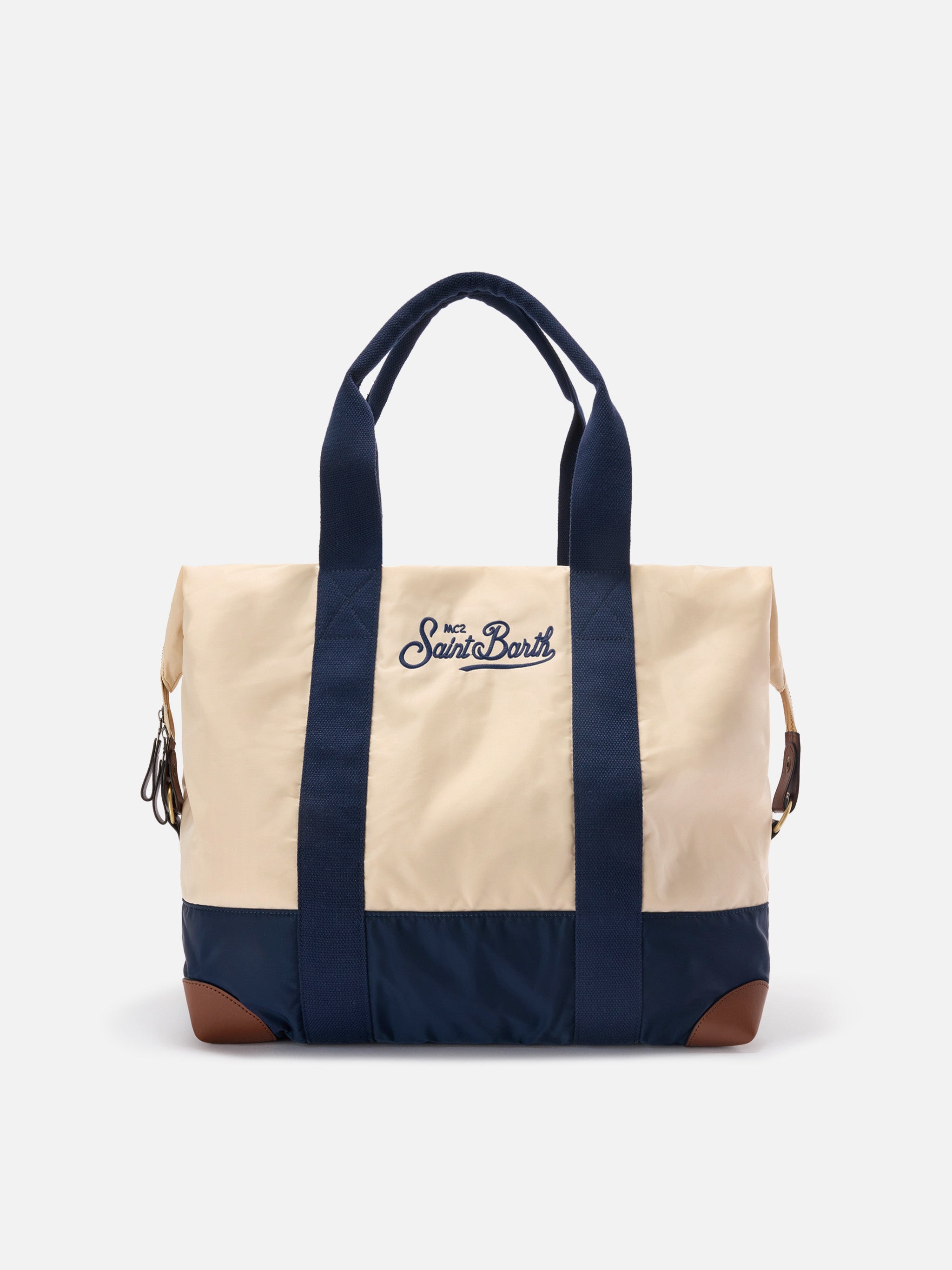 Borsone Travel Bag in nylon panna e blu con logo ricamato