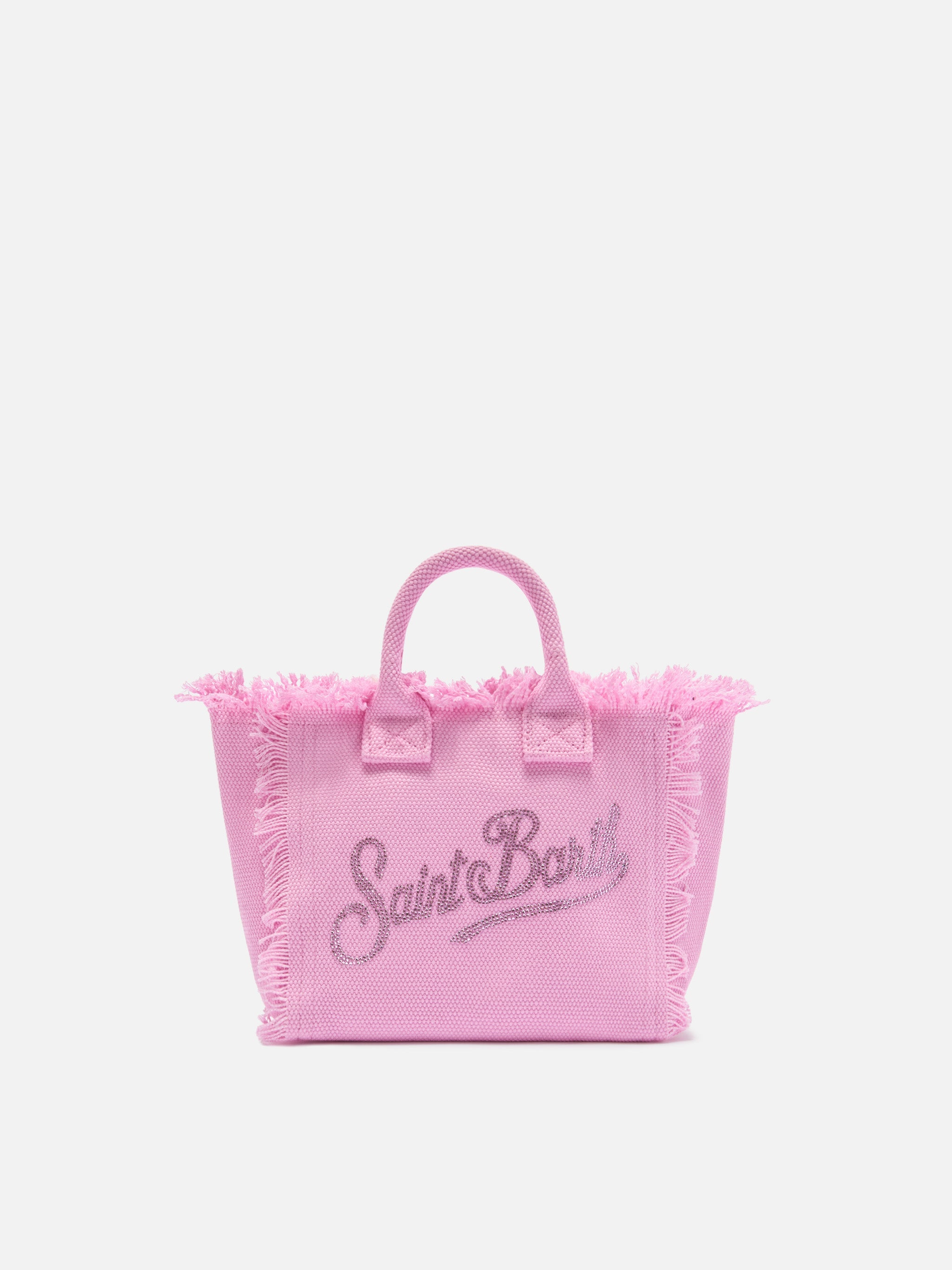 Borsa Vanity mini in canvas rosa con logo in strass