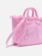 Borsa Vanity mini in canvas rosa con logo in strass