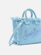 Borsa Vanity mini in canvas azzurro con logo in strass