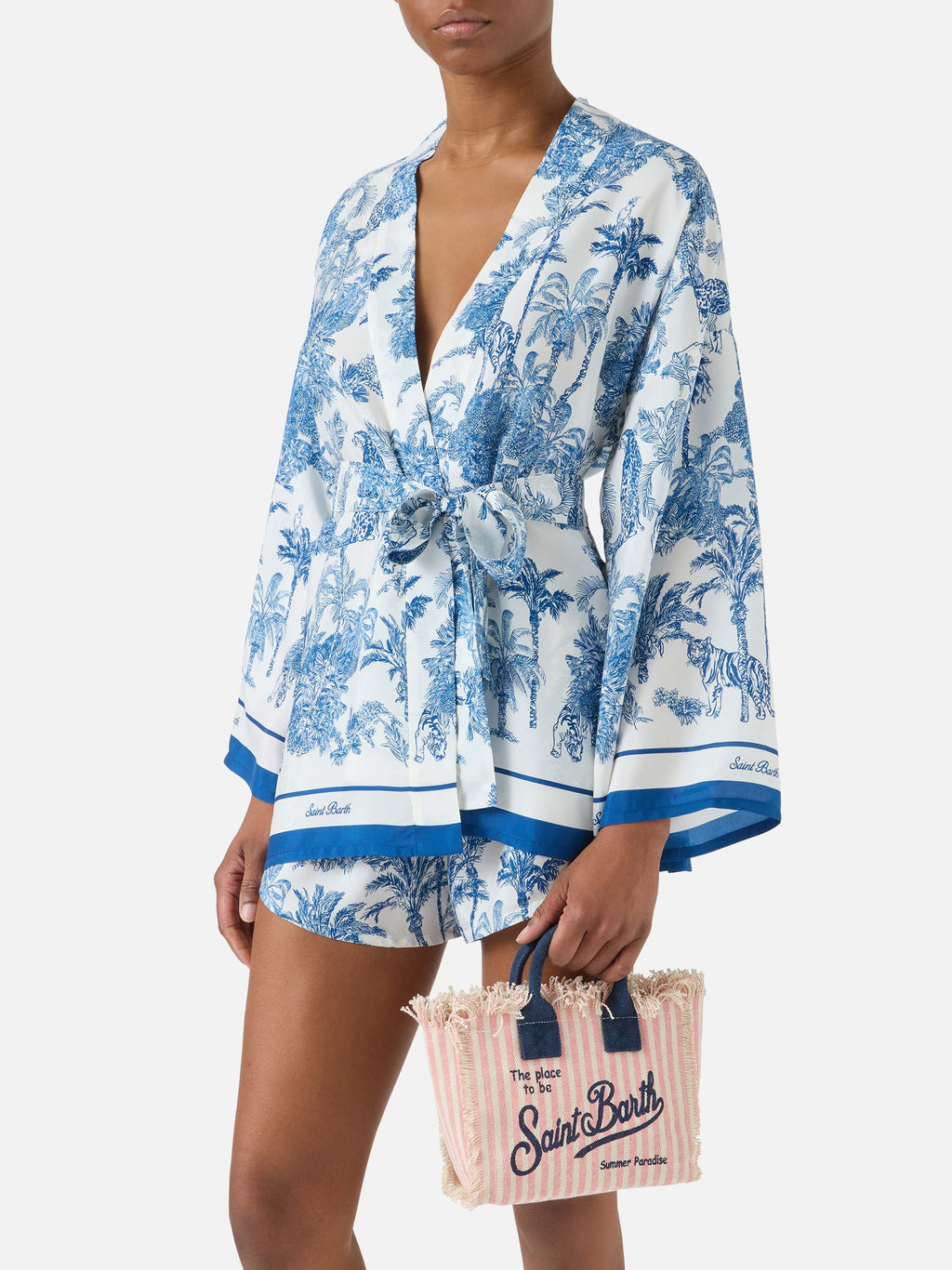Borsa Vanity mini in canvas a righe rosa con dettagli blu