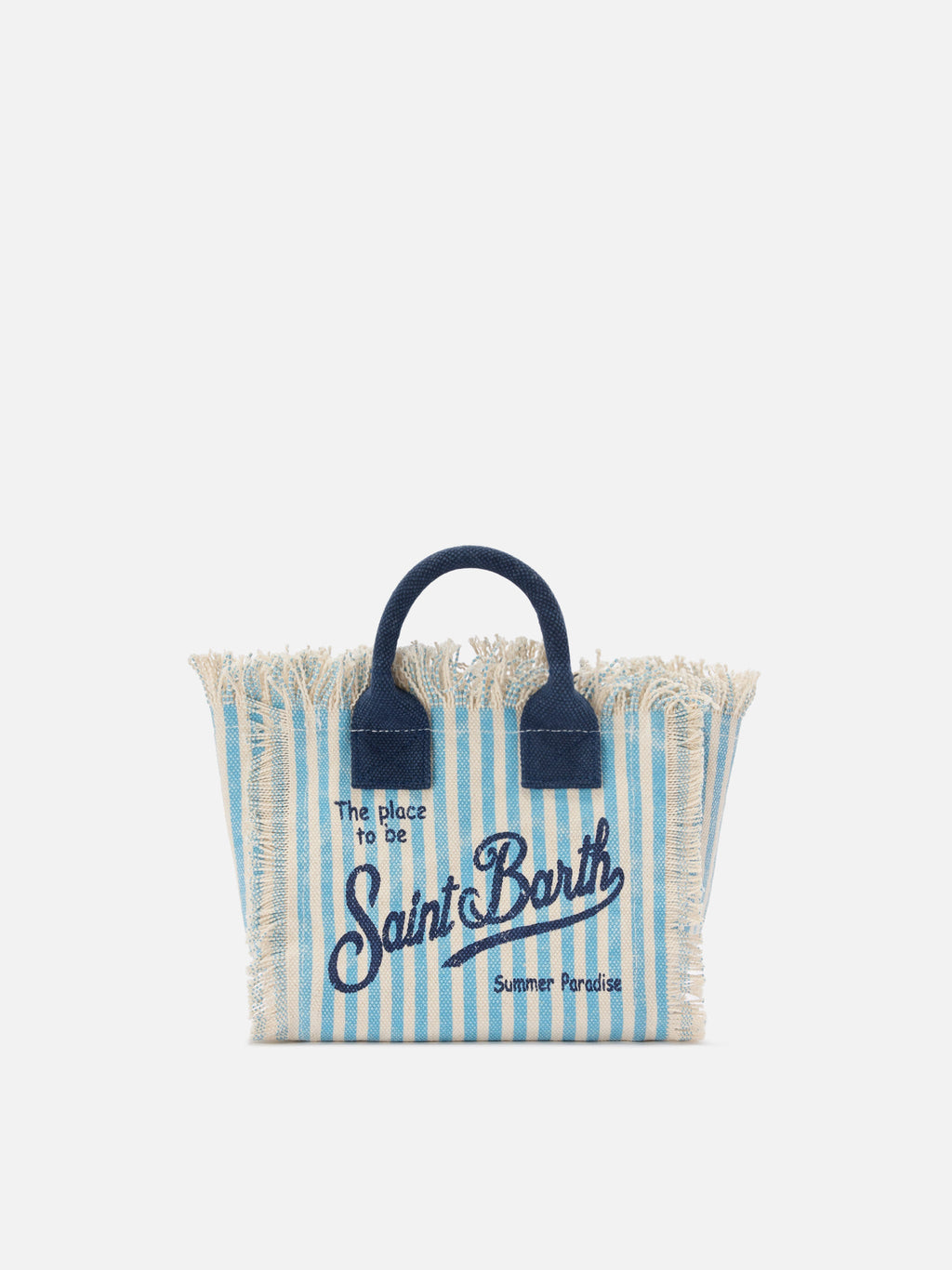 Borsa Vanity mini in canvas a righe azzurre con dettagli blu