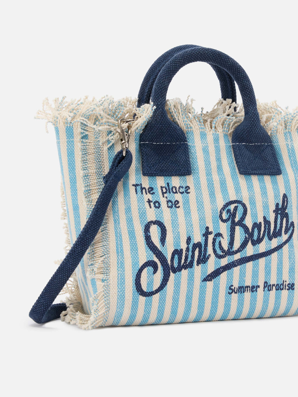 Borsa Vanity mini in canvas a righe azzurre con dettagli blu