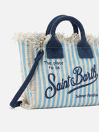 Borsa Vanity mini in canvas a righe azzurre con dettagli blu