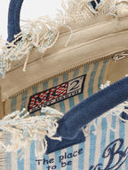 Borsa Vanity mini in canvas a righe azzurre con dettagli blu