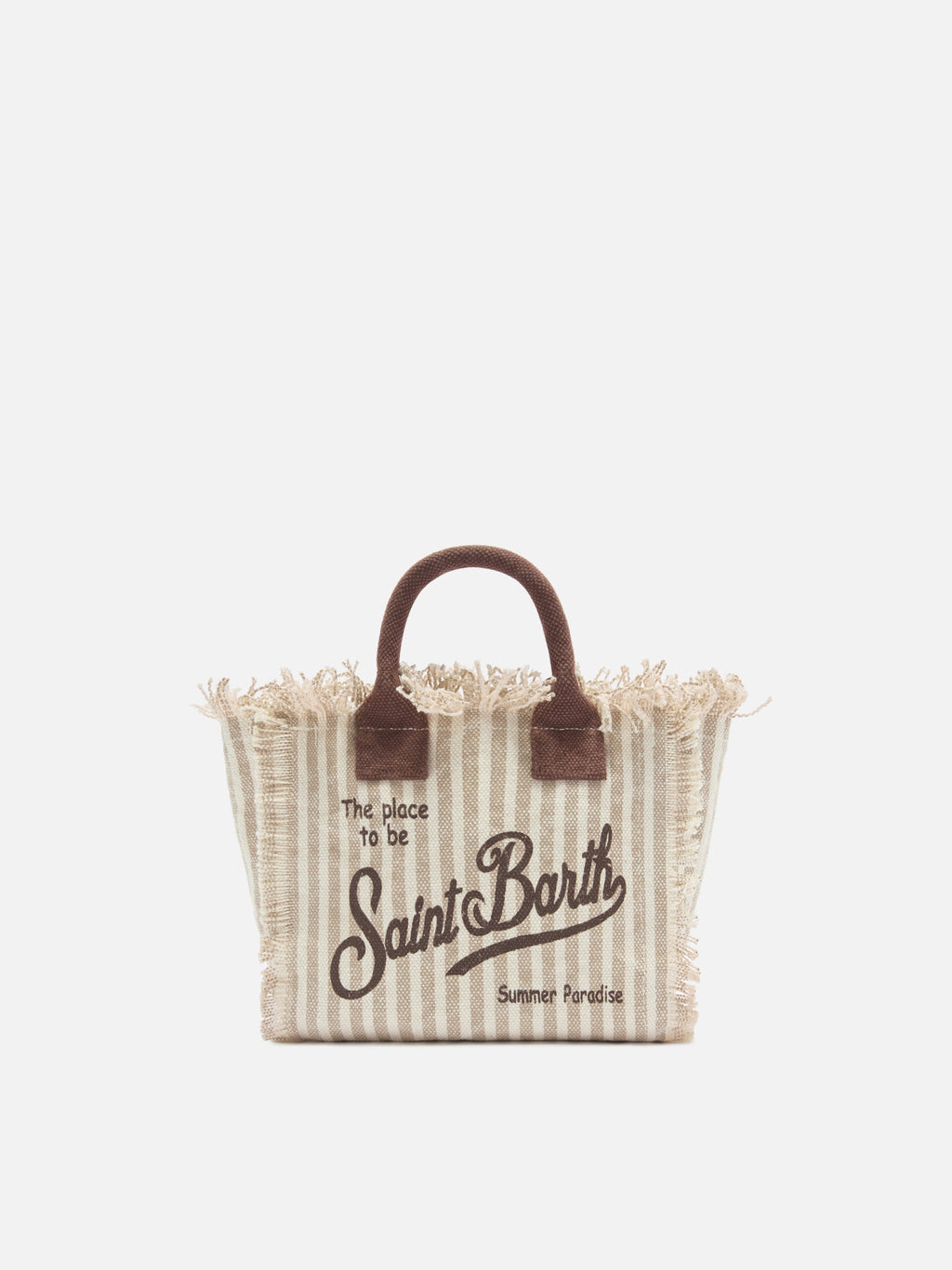 Borsa Vanity mini in canvas a righe marroni con dettagli a contrasto
