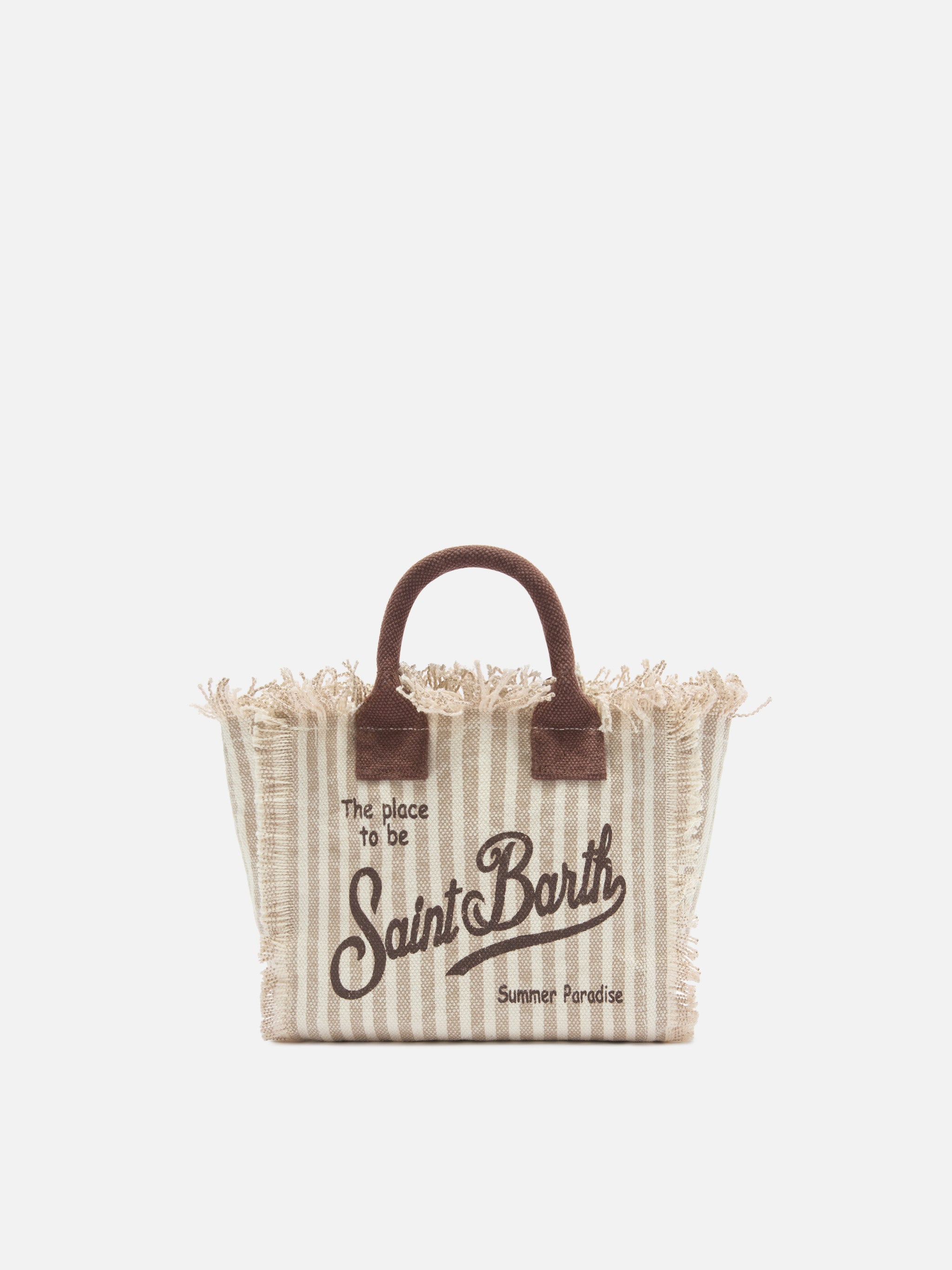 Borsa Vanity mini in canvas a righe marroni con dettagli a contrasto