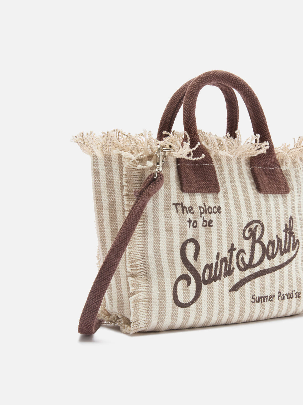 Borsa Vanity mini in canvas a righe marroni con dettagli a contrasto