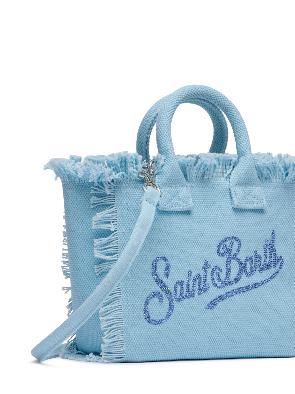 Borsa Mini Vanity in canvas di cotone azzurro con logo in strass