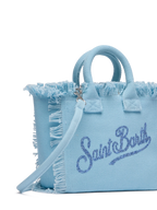 Borsa Mini Vanity in canvas di cotone azzurro con logo in strass