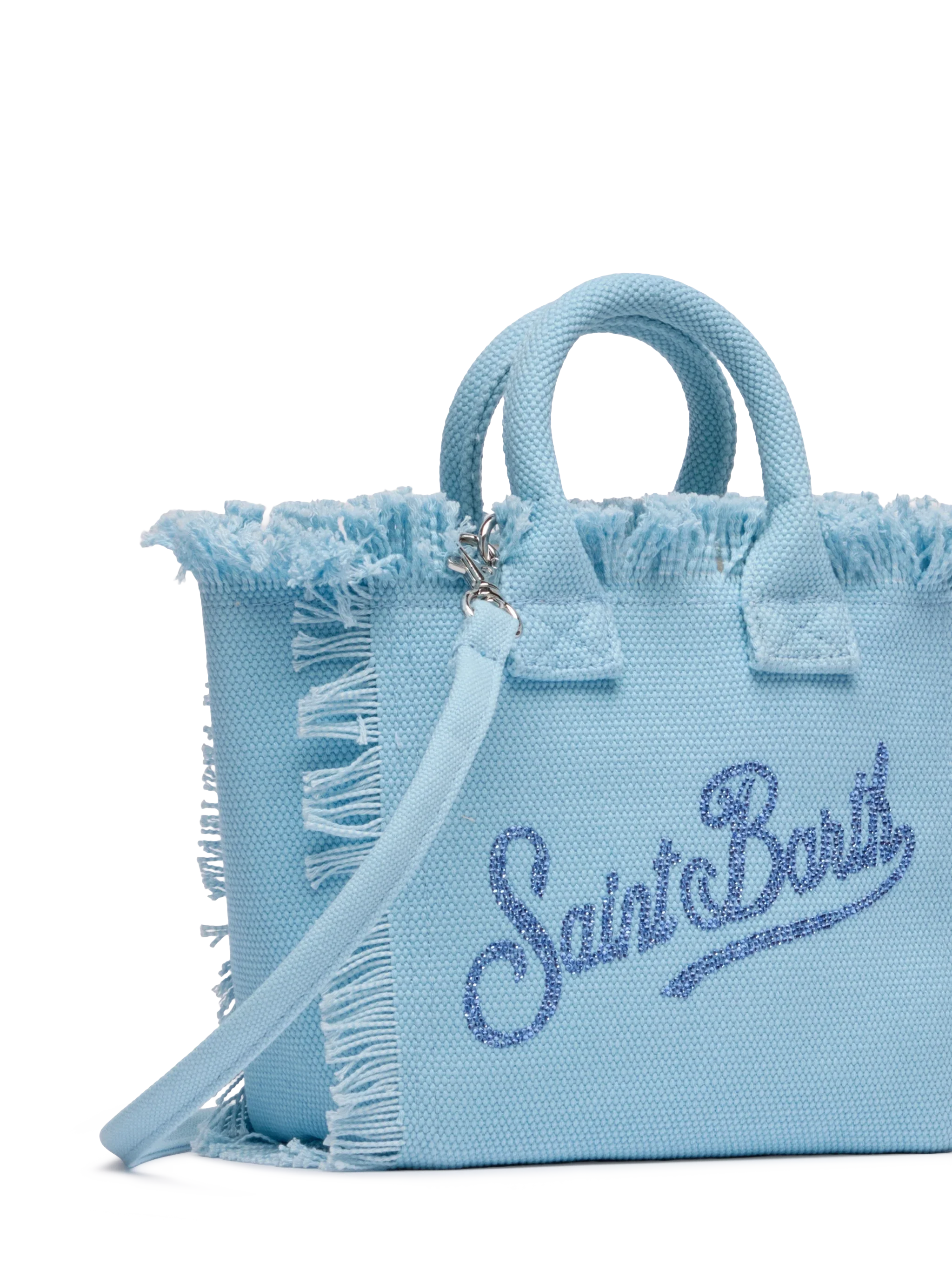 Borsa Mini Vanity in canvas di cotone azzurro con logo in strass