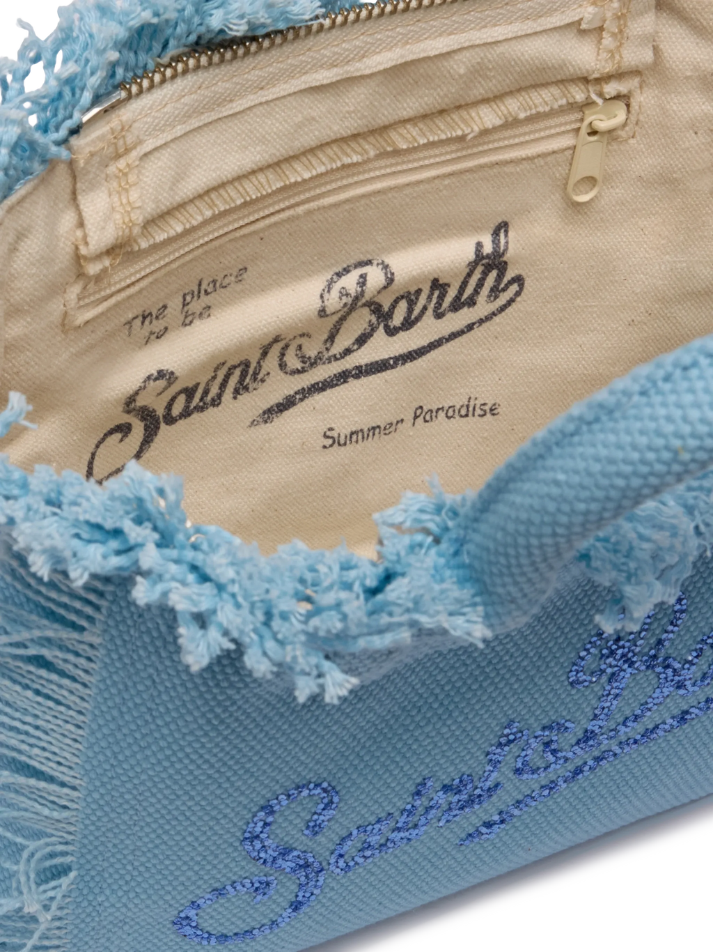Borsa Mini Vanity in canvas di cotone azzurro con logo in strass