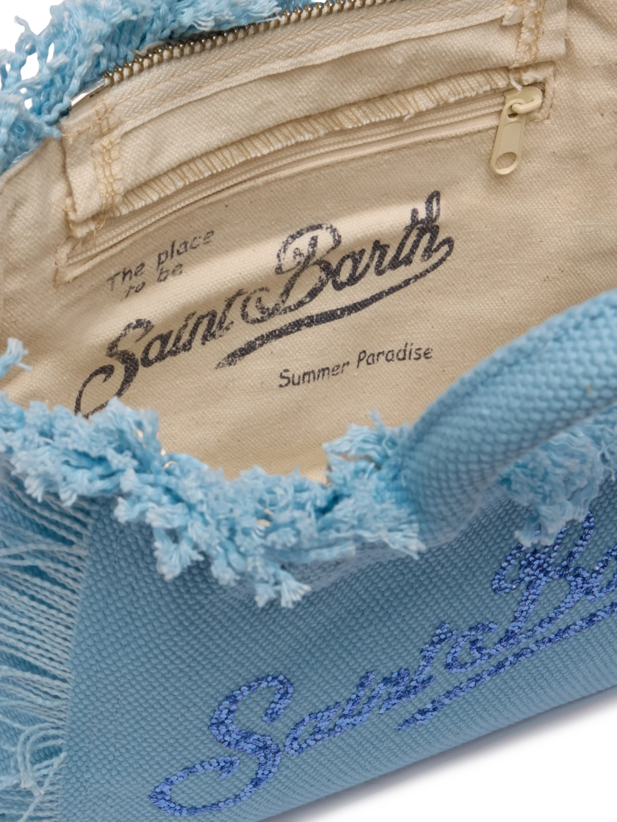 Borsa Mini Vanity in canvas di cotone azzurro con logo in strass