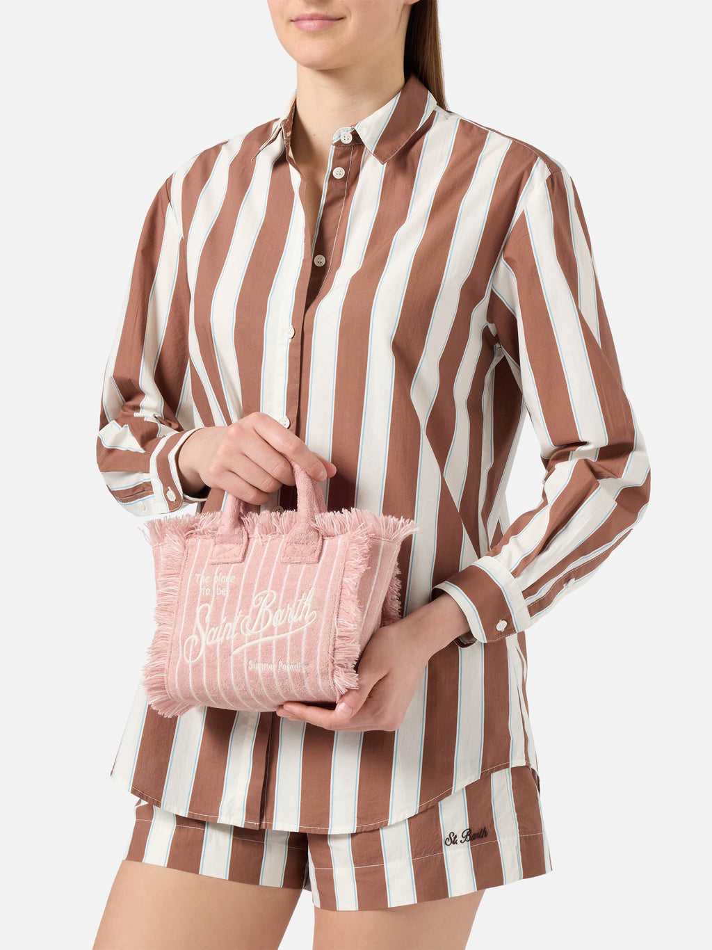 Borsa Vanity mini in tessuto effetto spugna a righe rosa