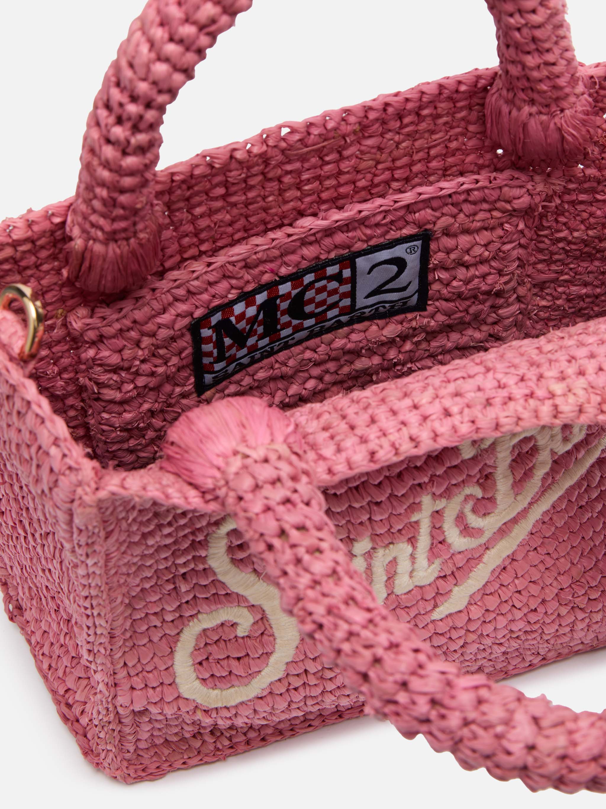 Borsa Mini Vanity in rafia rosa con ricamo Saint Barth
