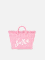 Borsa Vanity mini in lino rosa tinta unita con tracolla removibile