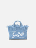 Borsa Vanity mini in lino blu tinta unita con tracolla removibile