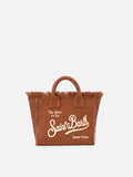 Borsa Vanity mini in lino marrone tinta unita con tracolla removibile