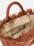 Borsa Vanity mini in lino marrone tinta unita con tracolla removibile