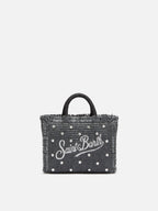 Borsa Mini Vanity effetto paglia con decorazioni in strass