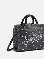 Borsa Mini Vanity effetto paglia con decorazioni in strass