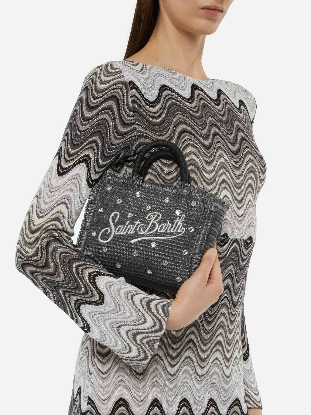 Borsa Mini Vanity effetto paglia con decorazioni in strass